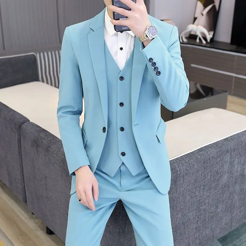 

Men's Korean Style Professional Formal Suit Set Three Piece Slim Fit Blazer Full Set Student