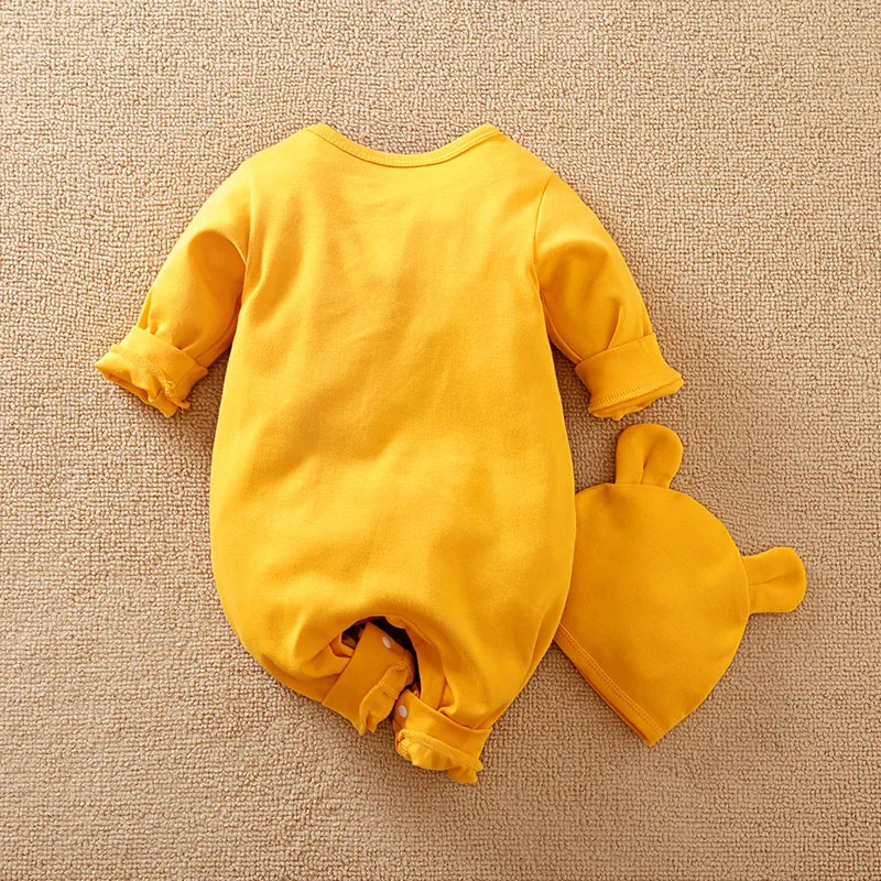 Newborn BoyAndGirl Casual Simple Cute Cartoon BearHatTwo-Piece Set Yellow Comfortable Cotton Spring Autumn Long Sleeved Jumpsuit