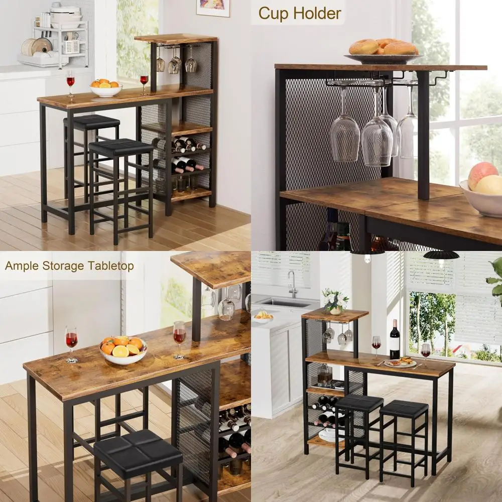 VECELO 바 테이블 및 의자 2인용 세트, 수납 선반이 있는 3피스 다이닝 세트, 컵 홀더 및 와인 랙, PU 가죽 쿠션 스툴