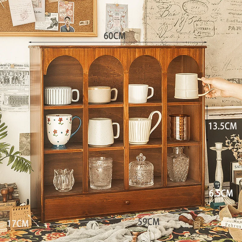 Creative Division Cosmetics Storage Rack Wood Retro Organizer Boxes Desk Top Teacup with Drawer Storage System