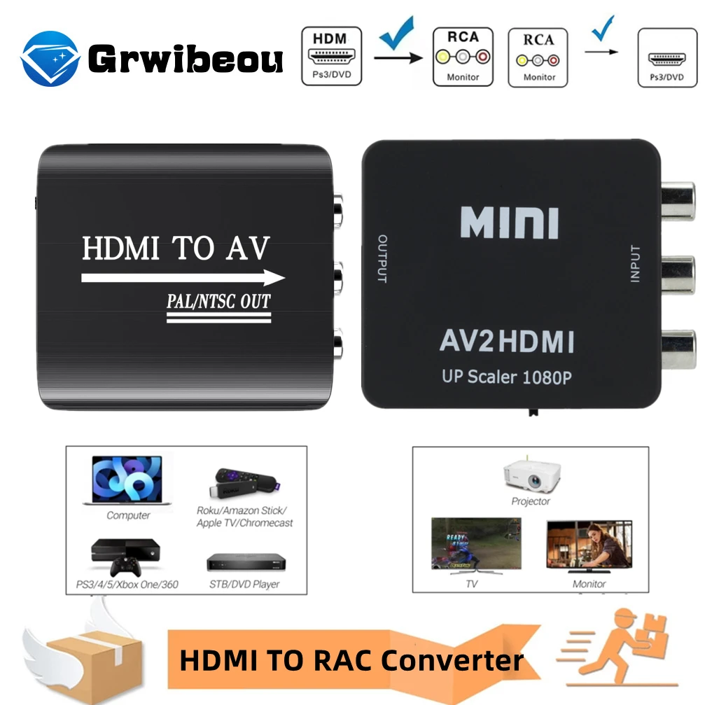 1080P HDMI-compatible To AV Composite Converter Adapter RCA to HDMI Scaler Adapter CVSB L/R Video Support NTSC For PC HDTV BOX