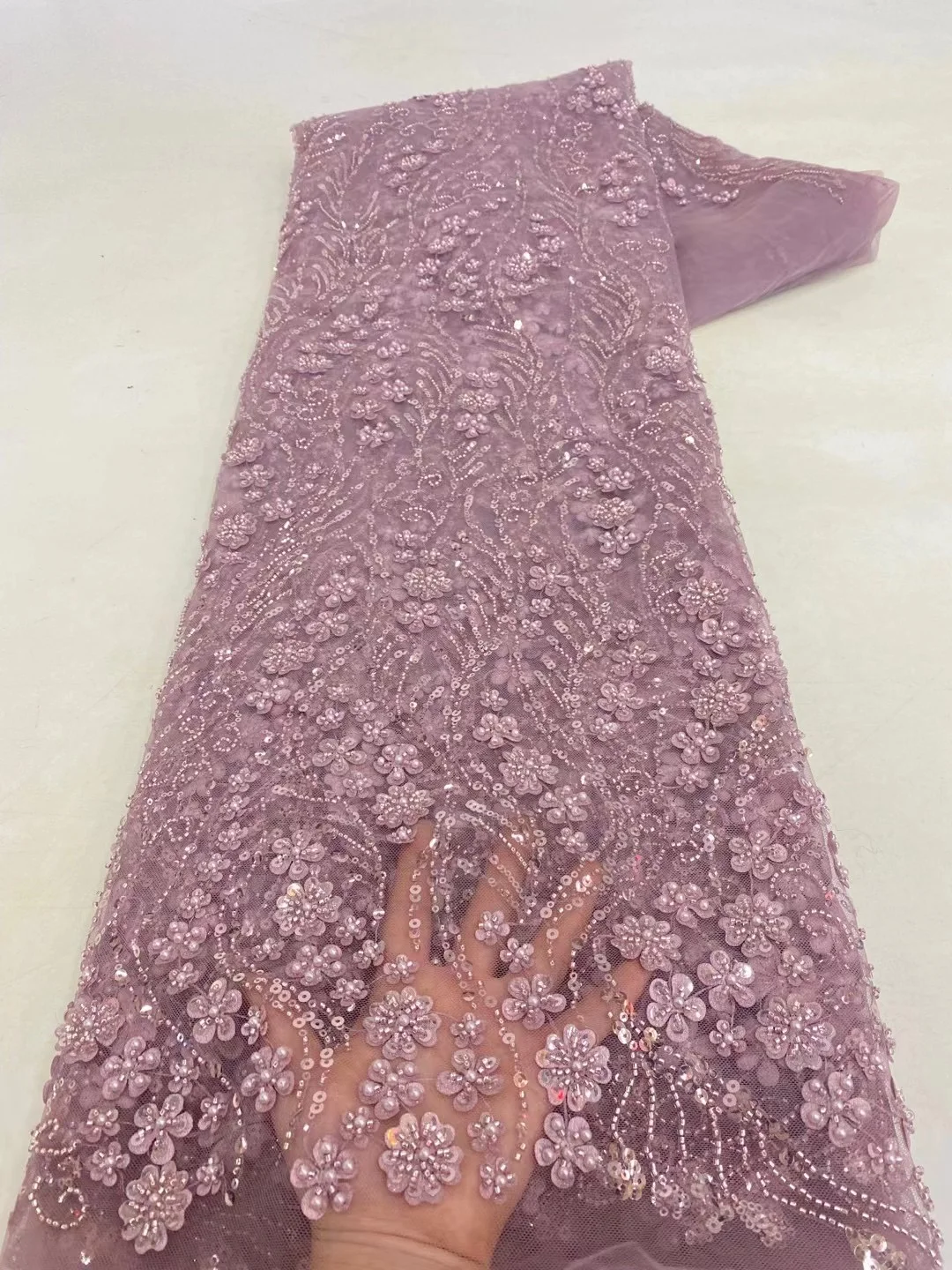 

Hot sale AFrica Embroidery Beads 3D High Quality With Gorgeous Pattern MEsh FAbric French Tulle Net Fabric Wedding dress