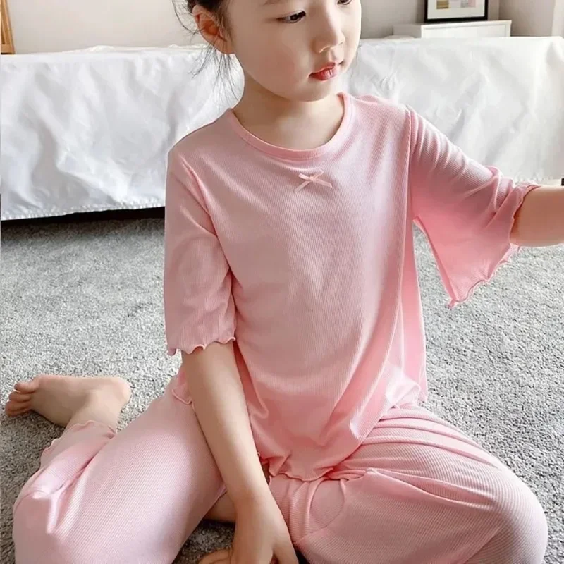 Mädchen-Sets Sommer Dünne Kinder Kurzarm-Set Eisseide 2-teiliges Homewear-Set 2-10 Jahre Mädchen Einfarbiger Kinder-Pyjama-Set – Detail 5