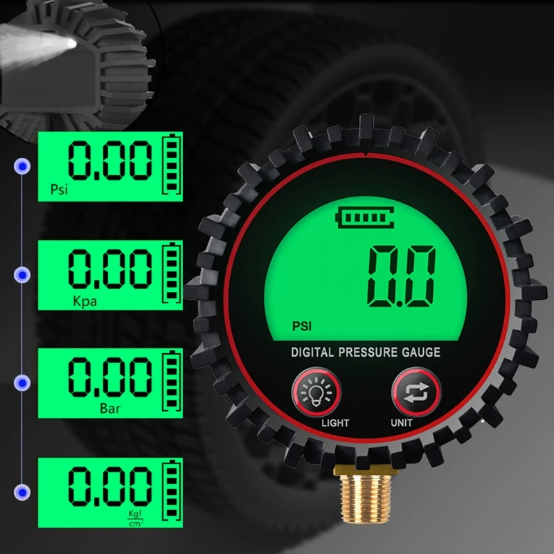 Gas Pressure Gauge for w/ Green Background Light Accuracy 1% 255psi Battery Powered Multiple Units Psi/Kpa/Bar/kgf cm² 1 M4YD