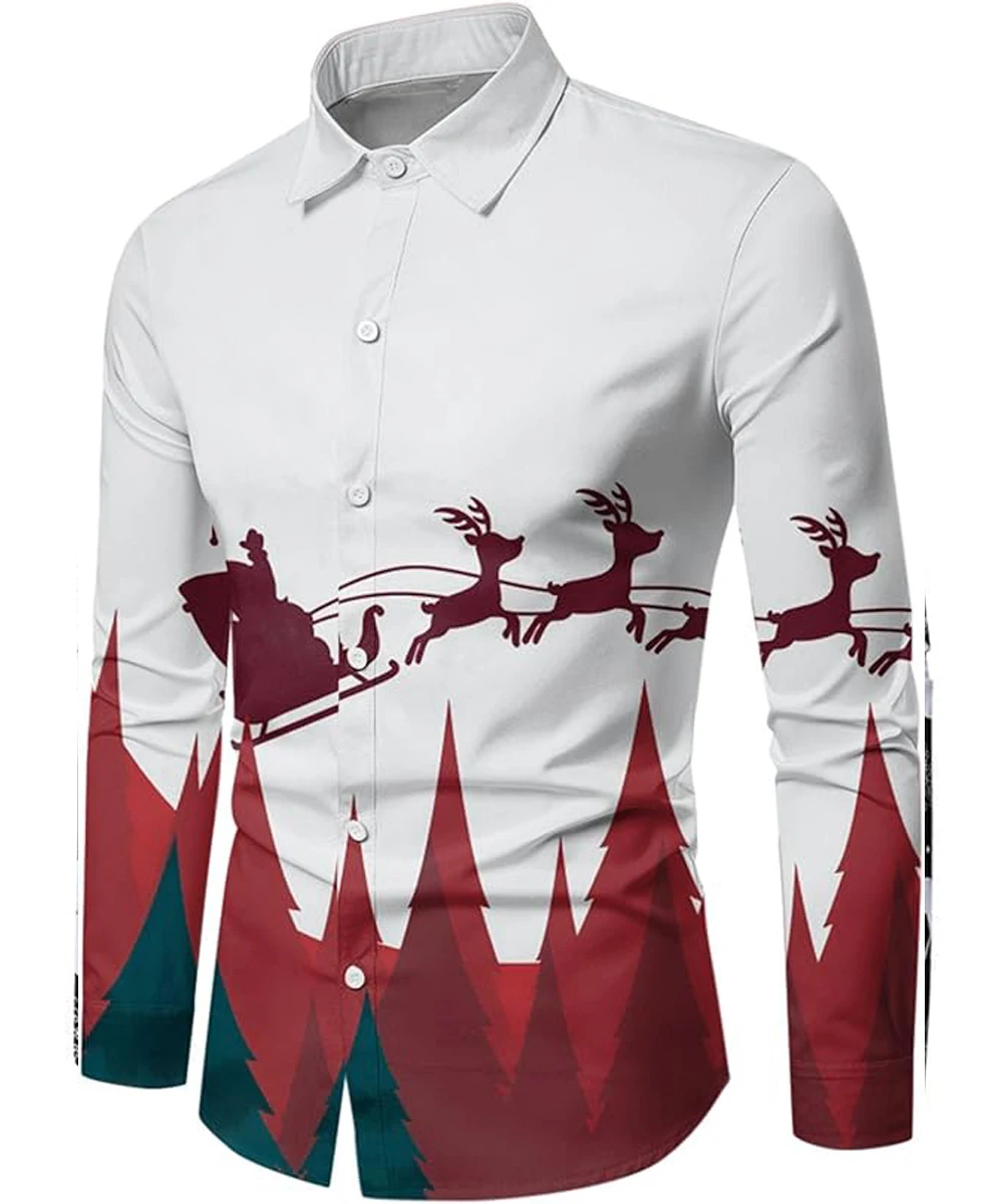 

Men's New Christmas Theme Reindeer Elderly Pulling Car 3D Printed Shirt Men's Long Sleeve Collar Soft Hawaiian Vacation Clothing