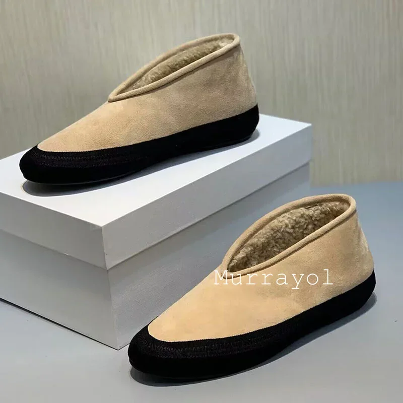 Round Toe Cow Suede Flat Thick Bottom Snow Boots Women Shallow Mouth Lazy Loafers Winter Real Wool Lining Ankle Botas Mujer view 4