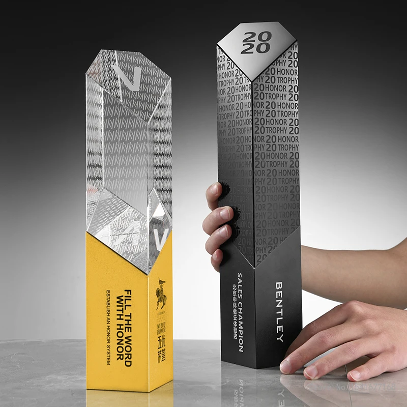 CreativeTrophywithCustomized High-EndCompetitionAwardMetal Home Decoration Can Add Logo Rectangular ColumnDigital Crystal Trophy