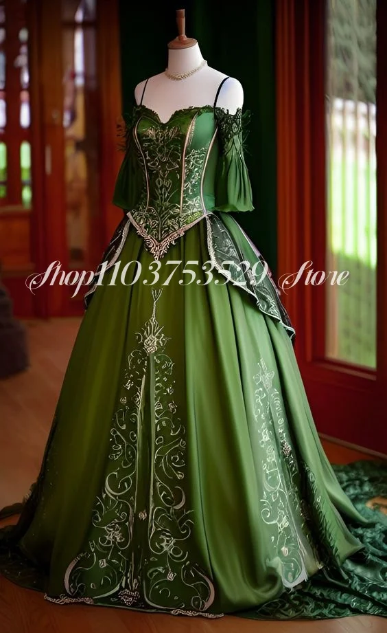 Emerald Green Fantasy Victorian Prom Dress Vintage Halter Sheath Beaded Satin Appliques Corset Medieval Masquerade فساتين سهرة