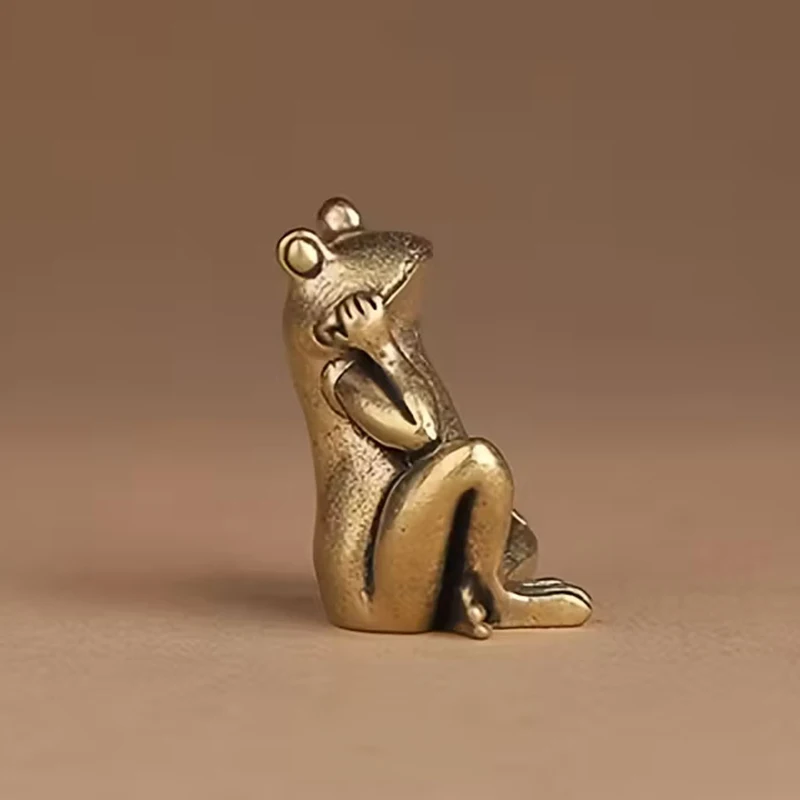 Statue de grenouille en laiton Vintage, décor de grenouille, pose contemplative charmante, décor de bureau, maison, ornement de bureau, Figurine de thé pour animaux de compagnie