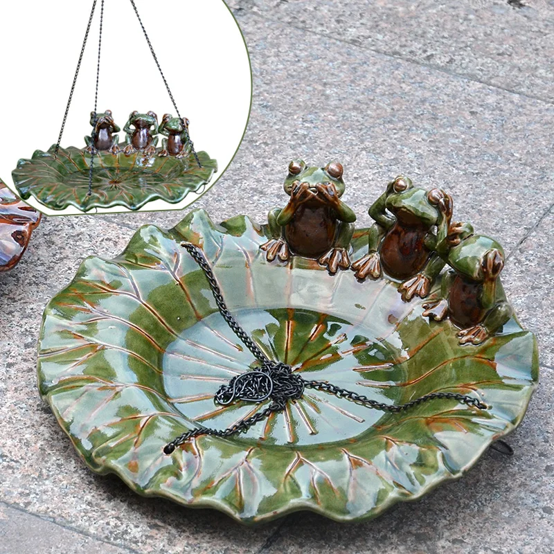 American style hanging ceramic flower shaped bird feeder lotus leaf frog bird food hanging tray balcony decoration