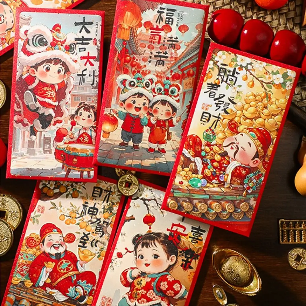 6pcs Traditional Chinese New Year Red Envelopes Hongbao Blessing God of Wealth Red Pocket Thickened Children's Money Bag