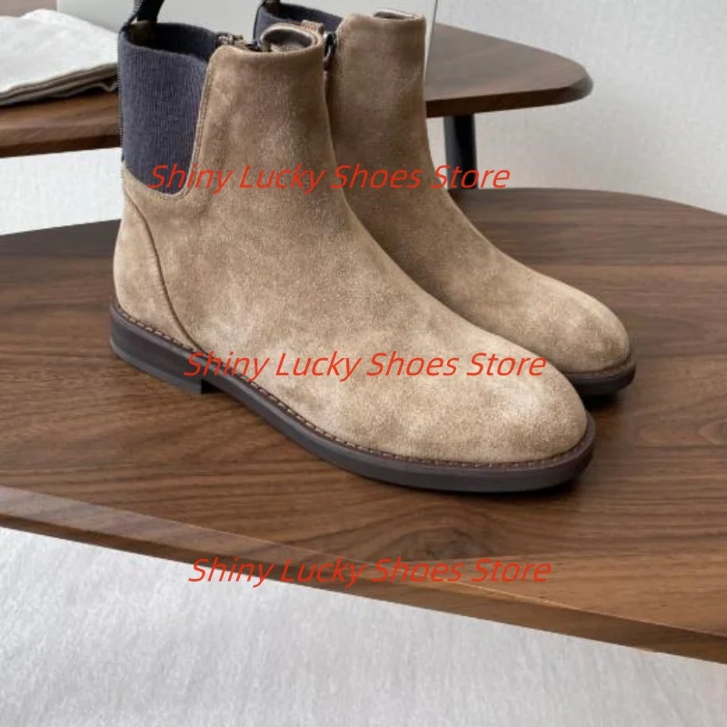 

Замшевые туфли для женщин с круглым носком, низким каблуком, боковыми молниями, женские короткие сапоги, швейные линии, женские разноцветные плиссированные Zapatos Mujer