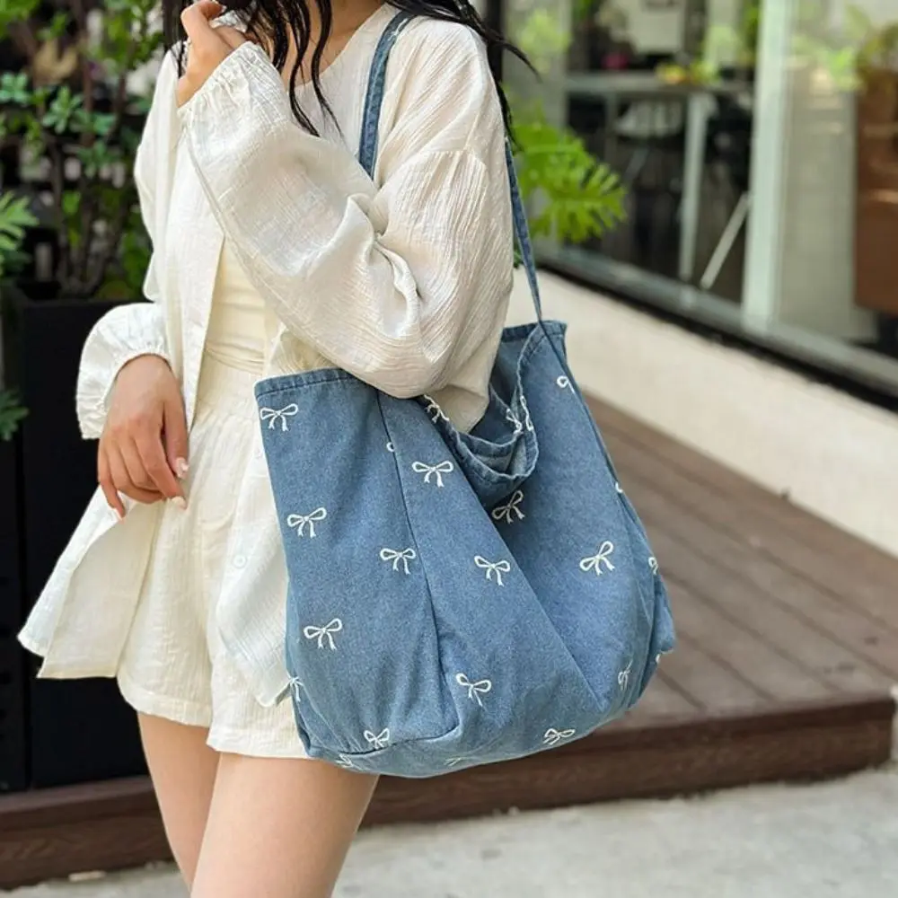

Shoulder Bag Denim Canvas Bag Street Style Shopping Bag Vintage Handbag Solid Color Large Capacity Bow Printing Tote Bag