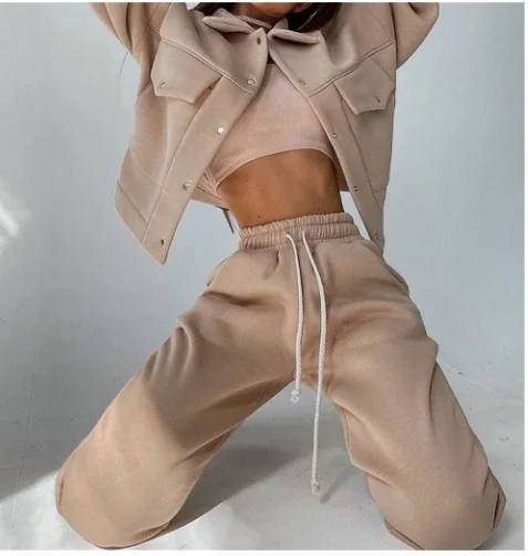 Women Two Pieces Pant Sets Single Breasted Jacket Solid Coat Drawstring Pants Suit Thick Warm Jackets Casual Lady Regular