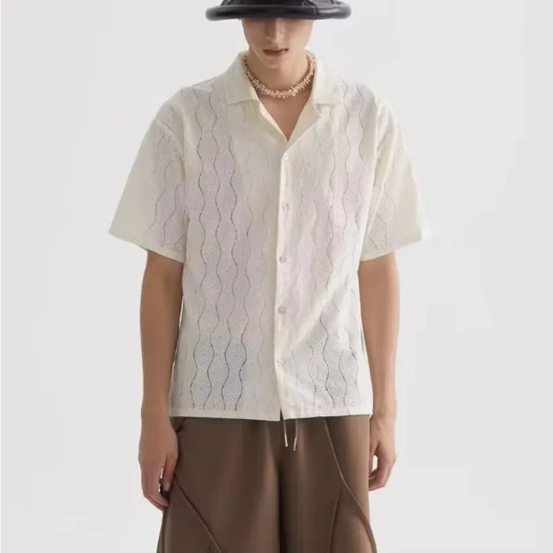 Men's Hollow Lace Shirt T-Shirt Men's Mesh Perspective Nightclub Style Sexy Short Sleeve Top Men's