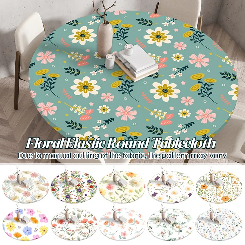 

1PC Waterproof Floral Tablecloth Round Fitted Elastic Edged Tablecloth Picnic Table Cover Farmhouse Decorations Picnic Kitchen