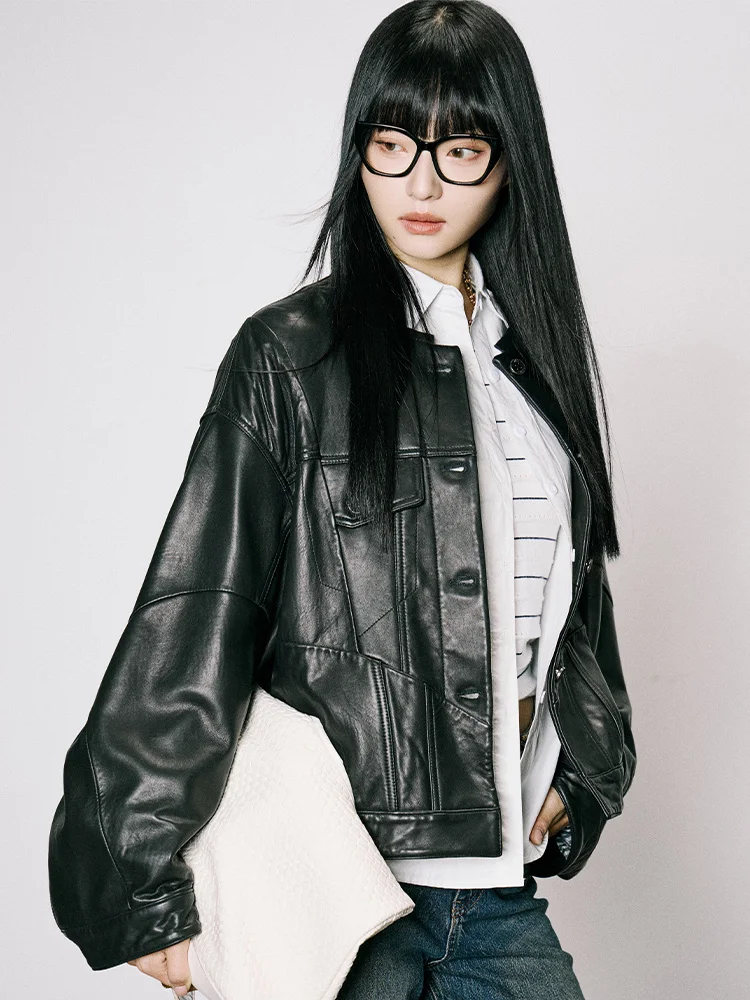 Casual Echtes Leder Jacken Frauen Frühling Herbst High-end-Einfache Stehkragen Einreiher Weiche Schwarz Echt Schaffell Mantel