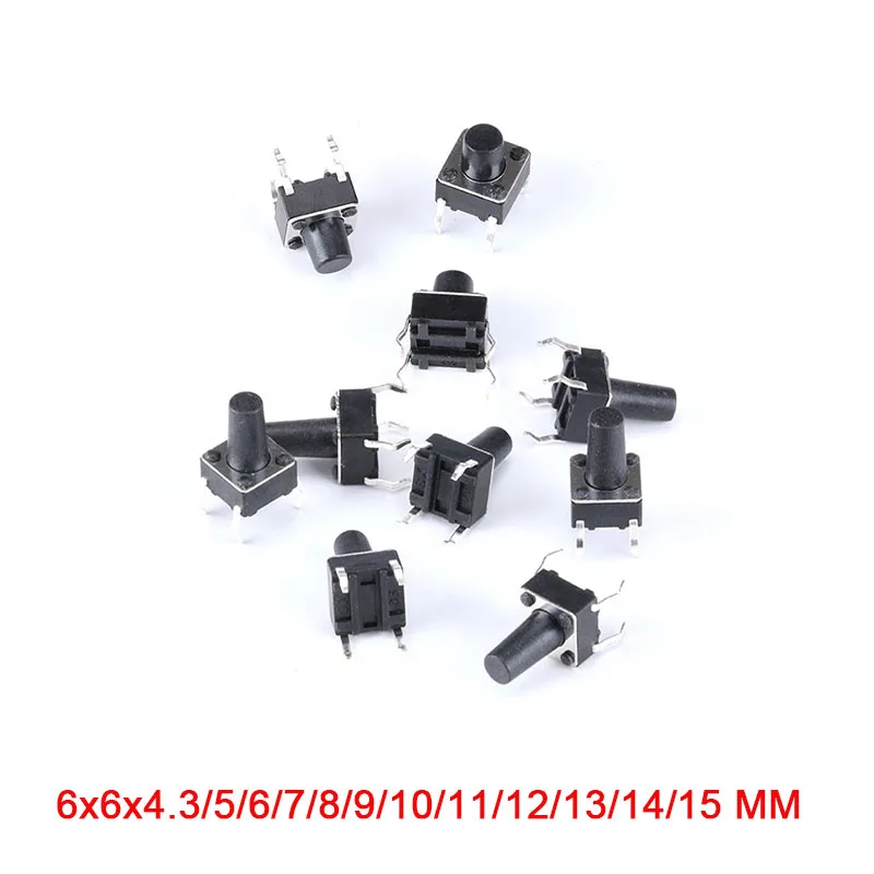 10PCS 4Pin 6*6 Micro Tact Push Button Switches DIP 6x6x4.3/5/6/7/8/9/10/11/12/13/14/15 MM 4.3mm 5mm 6mm 7mm 8mm 9mm 10mm 11mm