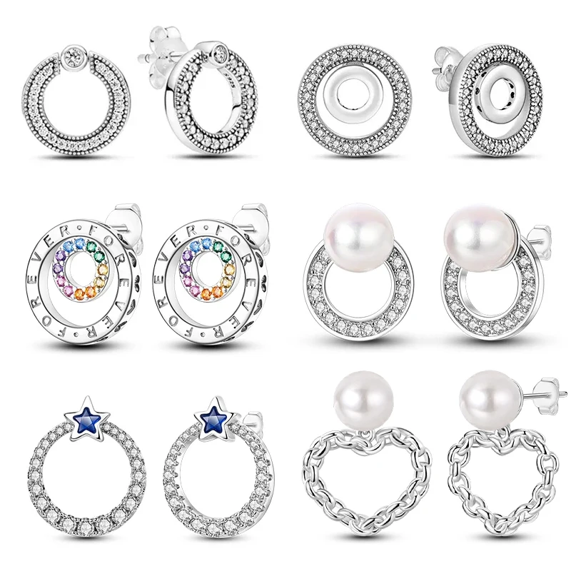 New Fashion 925 Sterling Silver Double Circle Earrings For Women Shining Zircon Piercing Ear Studs Fine Engagement Jewelry