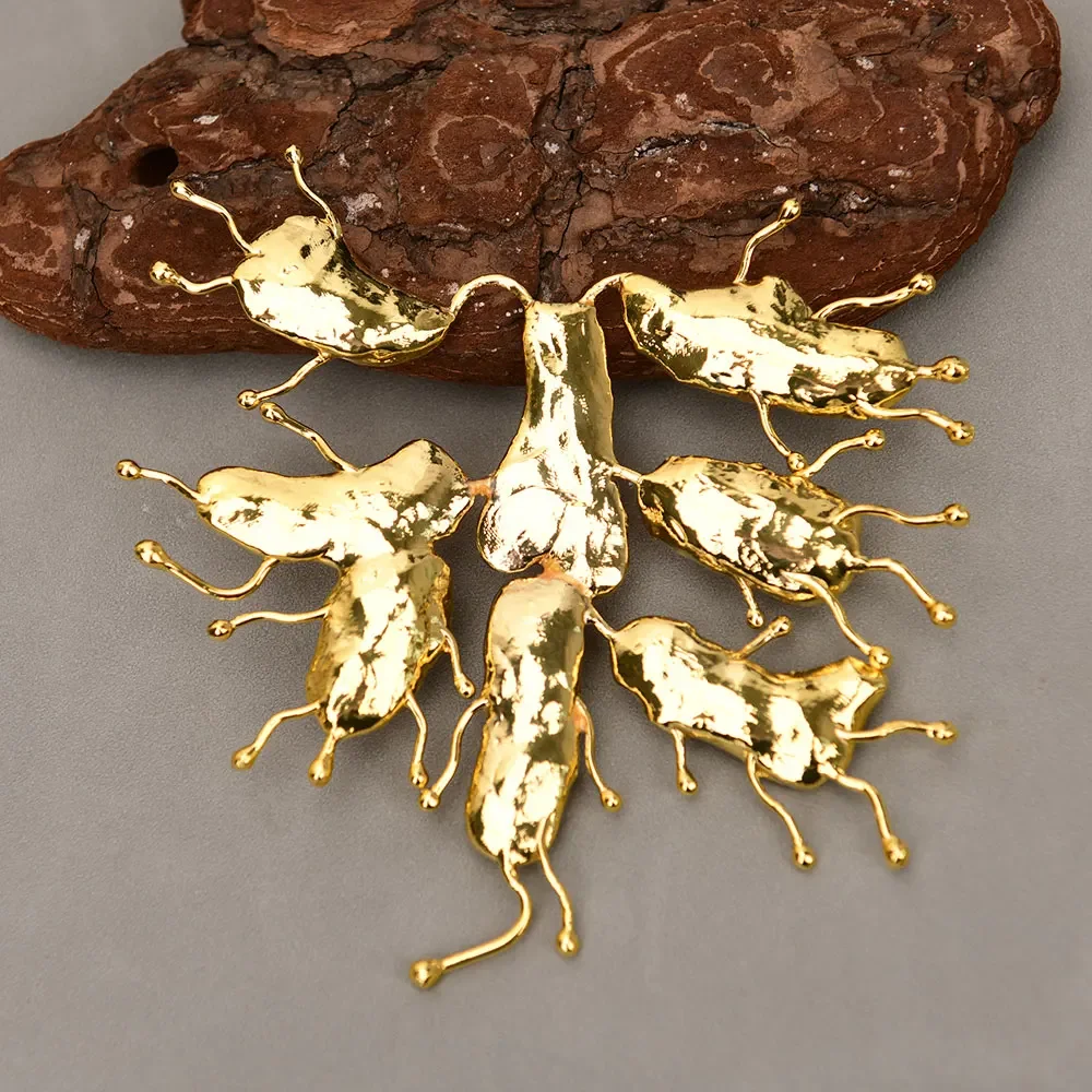 1 Pc Huge Natural Orange Coral Bamboo Branch Nugget Gold Edge Plated Pendant Connector Charm Necklace Making DIY