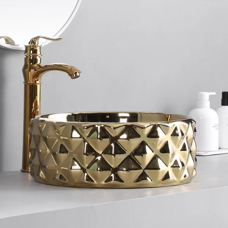 حوض غسيل سيراميك ذهبي أنيق، حوض غسيل سيراميك بتصميم دائري - مثالي لتركيبات الحمام الحديثة، مناسب لغرف الملابس والزينة والحمامات #3