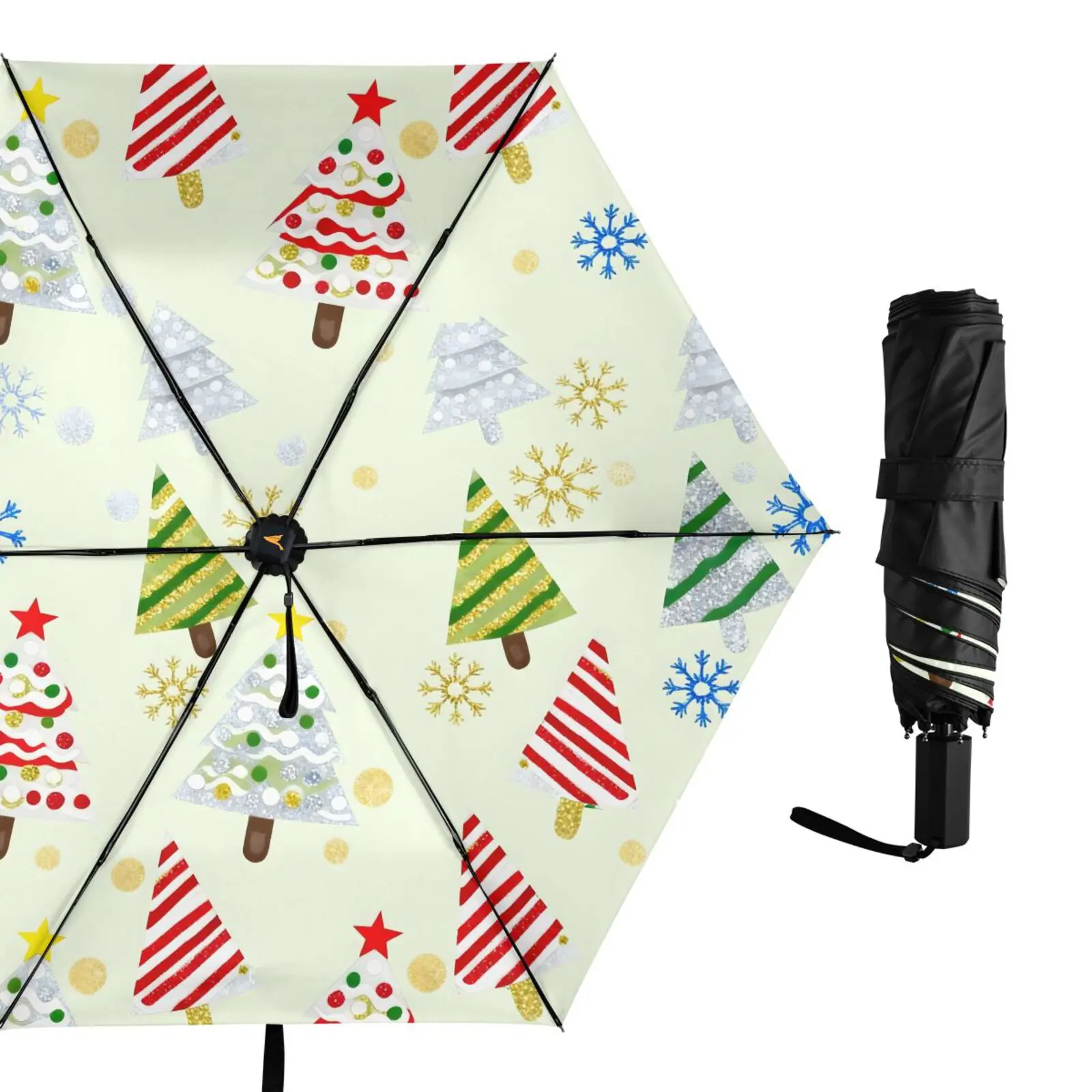 

Three Folding Umbrella Parasol Women Anti-UV Sun Protection Umbrella Outside Black Coating 6 Ribs Christmas tree print