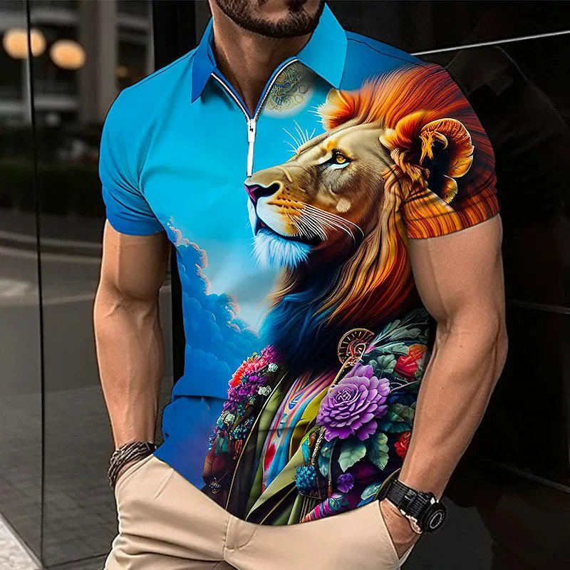 Fashion Street Lion Pattern Men's Polos T-Shirts Summer Short Sleeve 3D Animal Printed Zippers POLO Tee 6XL Big Size Casual Tops