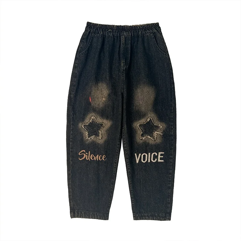 Solto casual faionable harajuku pai jeans bordado desgastado bainha cintura alta bla calças compridas outono sle plus size