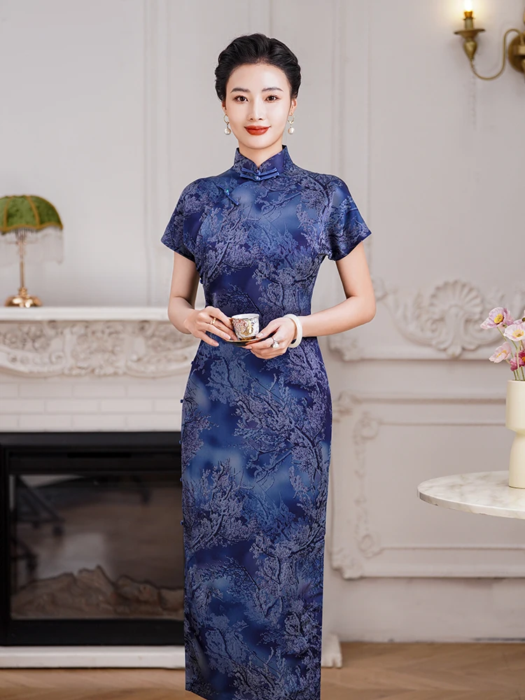 

Длинная синяя юбка-ципао Ele Long Blue Qipao Dr Young Sle Daily Mom's Republic, дышащая, из полиэфирного волокна, с коротким рукавом