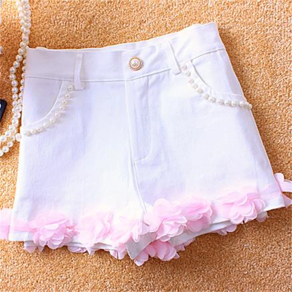 

New fashion casual denim shorts three-dimensional flowers high waist elastic denim short pants women