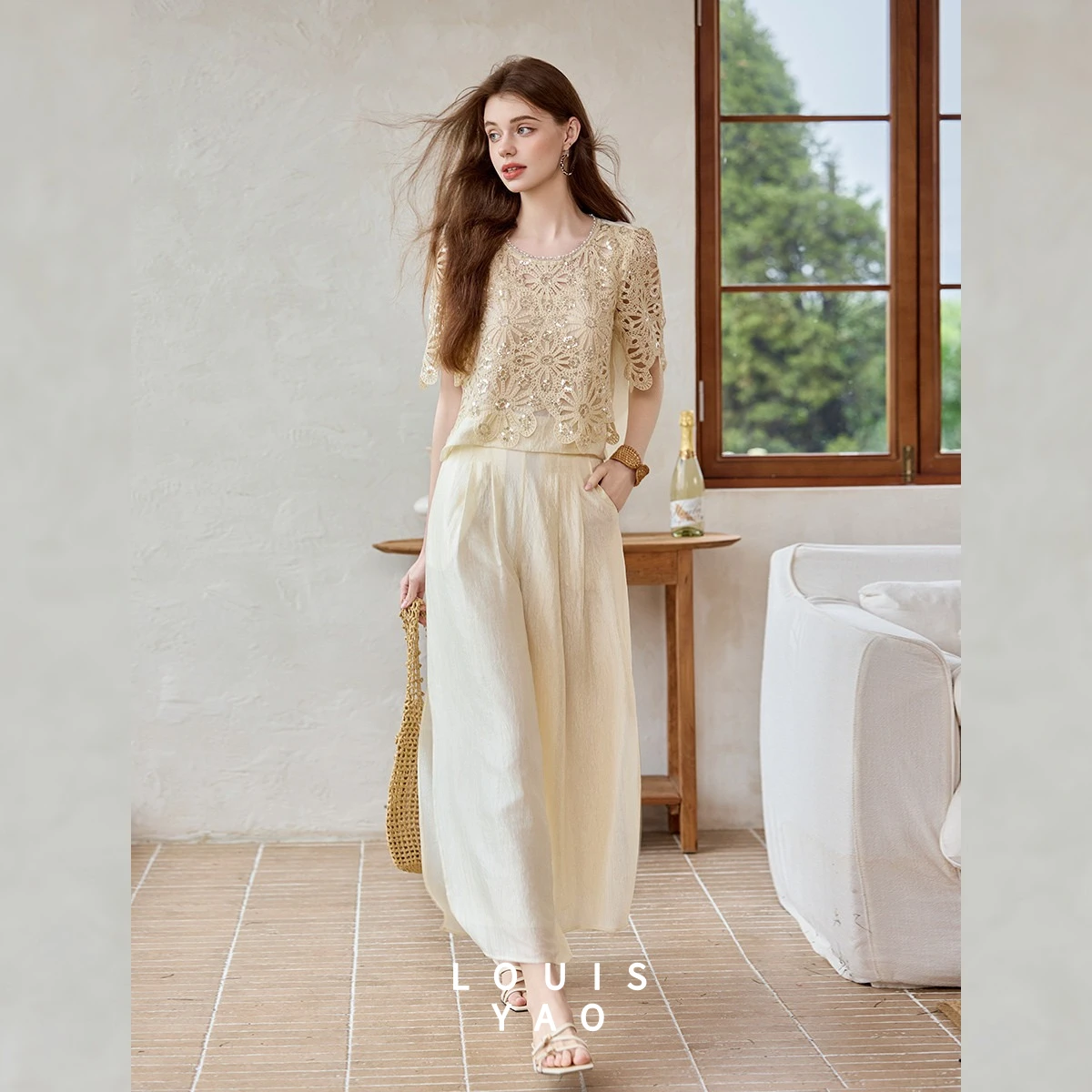 LOUISYAO Women French 2 Piece Set Summer 2026 Sequin Hollow Out Lace Top Wide Leg Pants Elegant Co-ord Matching Outfit