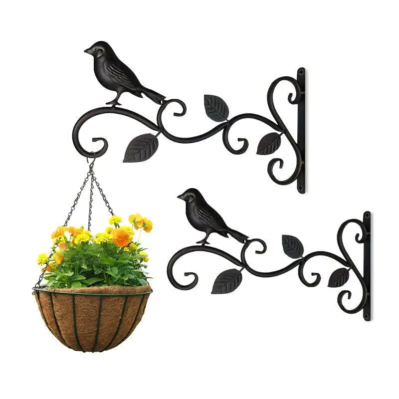 Wrought Iron Hanging Plant Brackets With Decorative Bird And Leaf Design Perfect For Outdoor Patio Balcony Garden Wall Use
