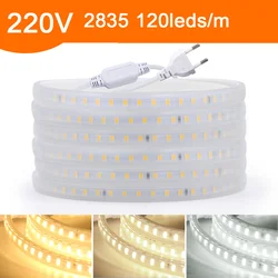 Impermeável LED Strip Light com Plug Power UE, brilhante, fita flexível, fita, decoração para casa lâmpada, 220V, 120LEDs por m, 2835