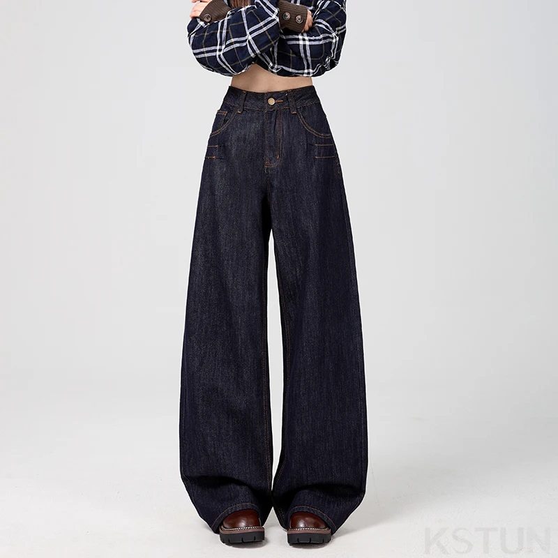 KSTUN 2026 High Waisted Women's Wide Leg Jeans Denim Pants Vintage Embroidered Pockets Loose Female Long Trousers Floor Length