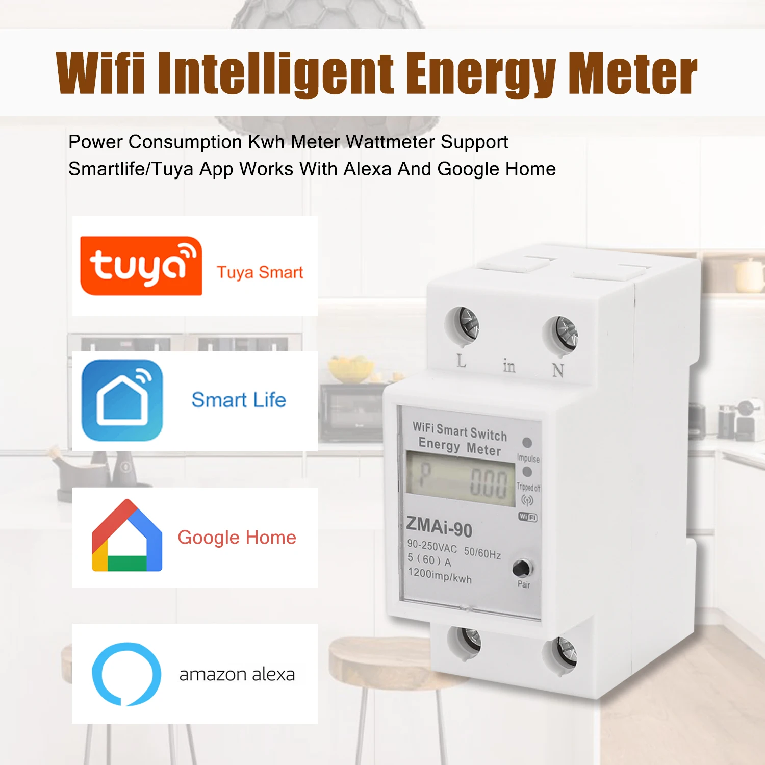 

Single Phase Din Rail Wifi Intelligent Energy Meter Power Consumption Kwh Meter Wattmeter Smart Compatible with Alexa and Google