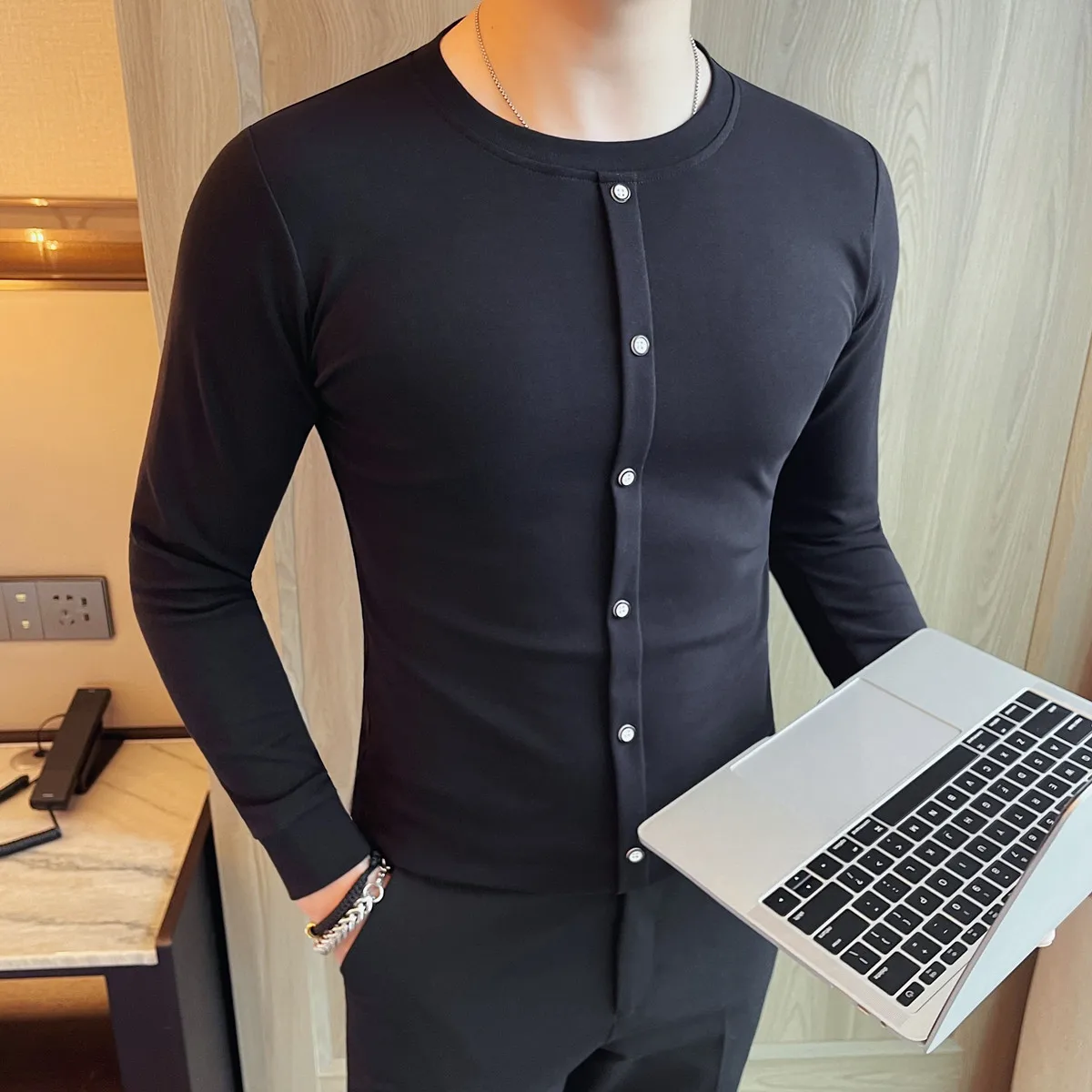 

Высококачественная осенняя мужская футболка с круглым вырезом и длинными рукавами, облегающие эластичные повседневные футболки, однотонная универсальная базовая рубашка 4XL