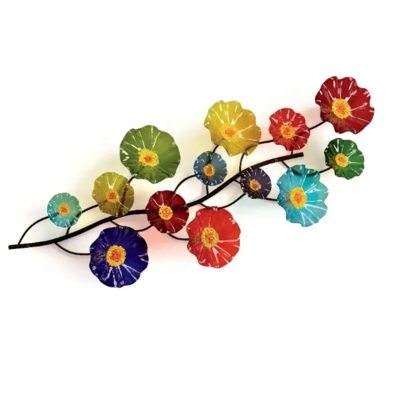 

Metal Branch Flower Art Wall Decor Panel Vine Multicolor Stained Glass Floral Mural for Living Room Background Wall Decoration