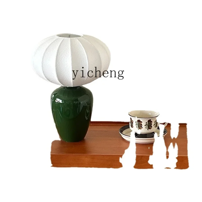 YY French Style Pastoral Green Ceramic Table Lamp Good-looking Silk Lampshade Bedroom Bedside