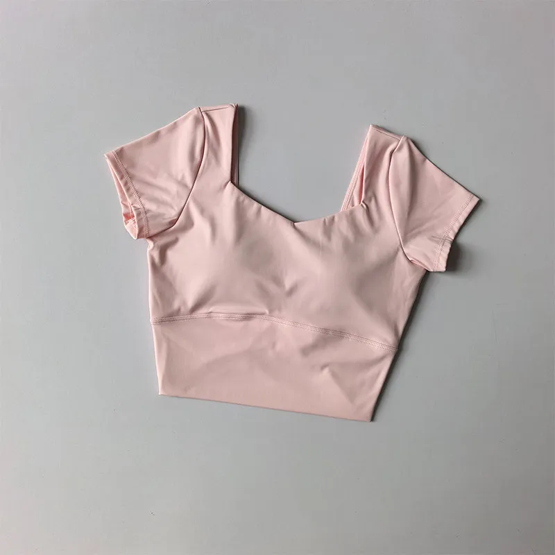 Gepolsterte Yoga-Shirts für Damen, kurzärmeliges Sport-Crop-Top, Fitness-Workout-T-Shirt, sexy, kurzes Laufshirt, Sportbekleidung für das Fitnessstudio. – Detail 3
