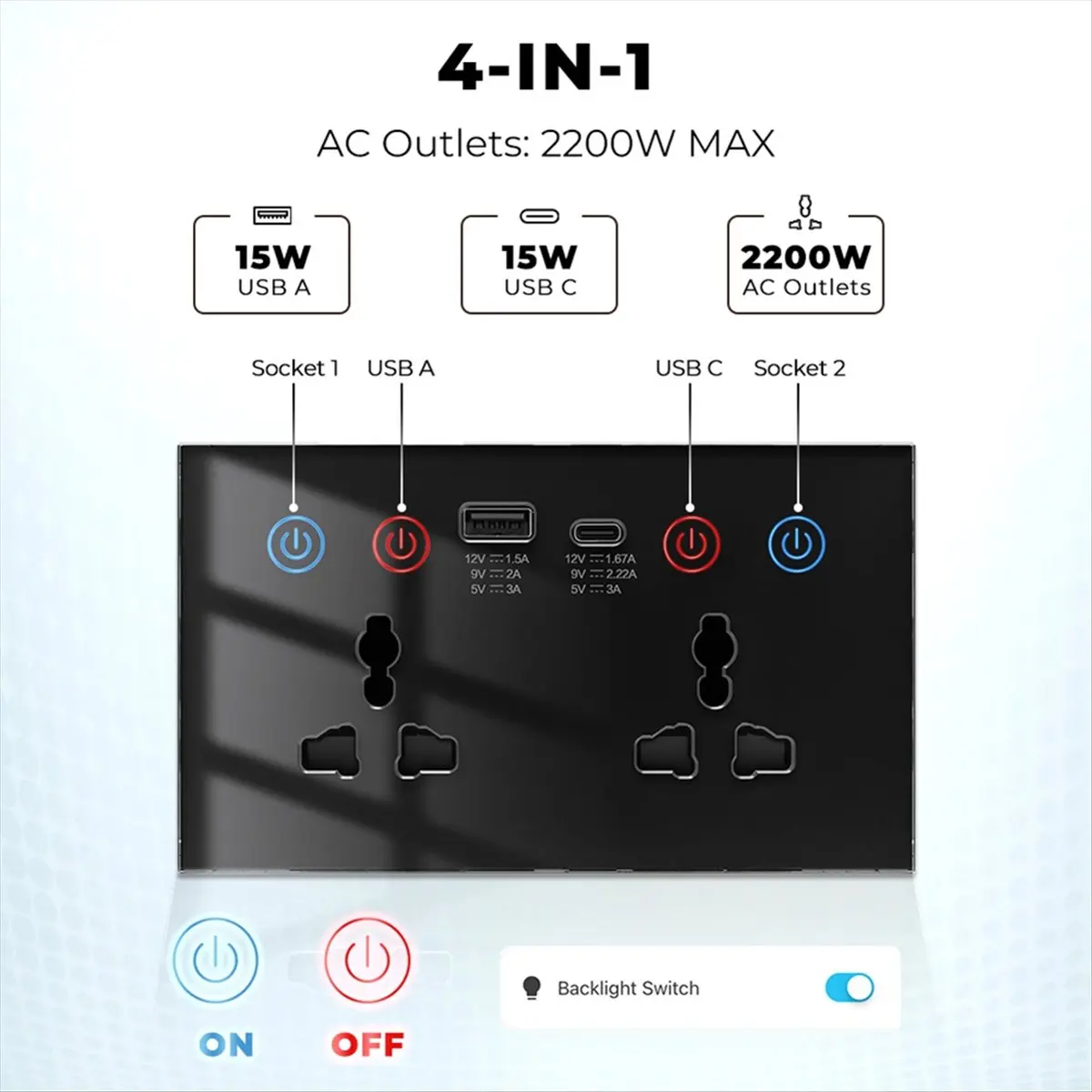 

Tuya WiF Smart Socket USB Type-C Wall Outlet 4-in-1 Universal Electrical Power Plug Power Monitor Touch Switch Black