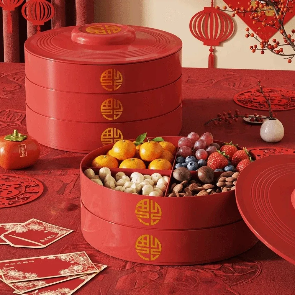 High-end 8-Compartment Nut Serving Tray 2 Layers Round Snack Serving Plate with Lid Square Biscuit Fruit Plate Chinese New Year