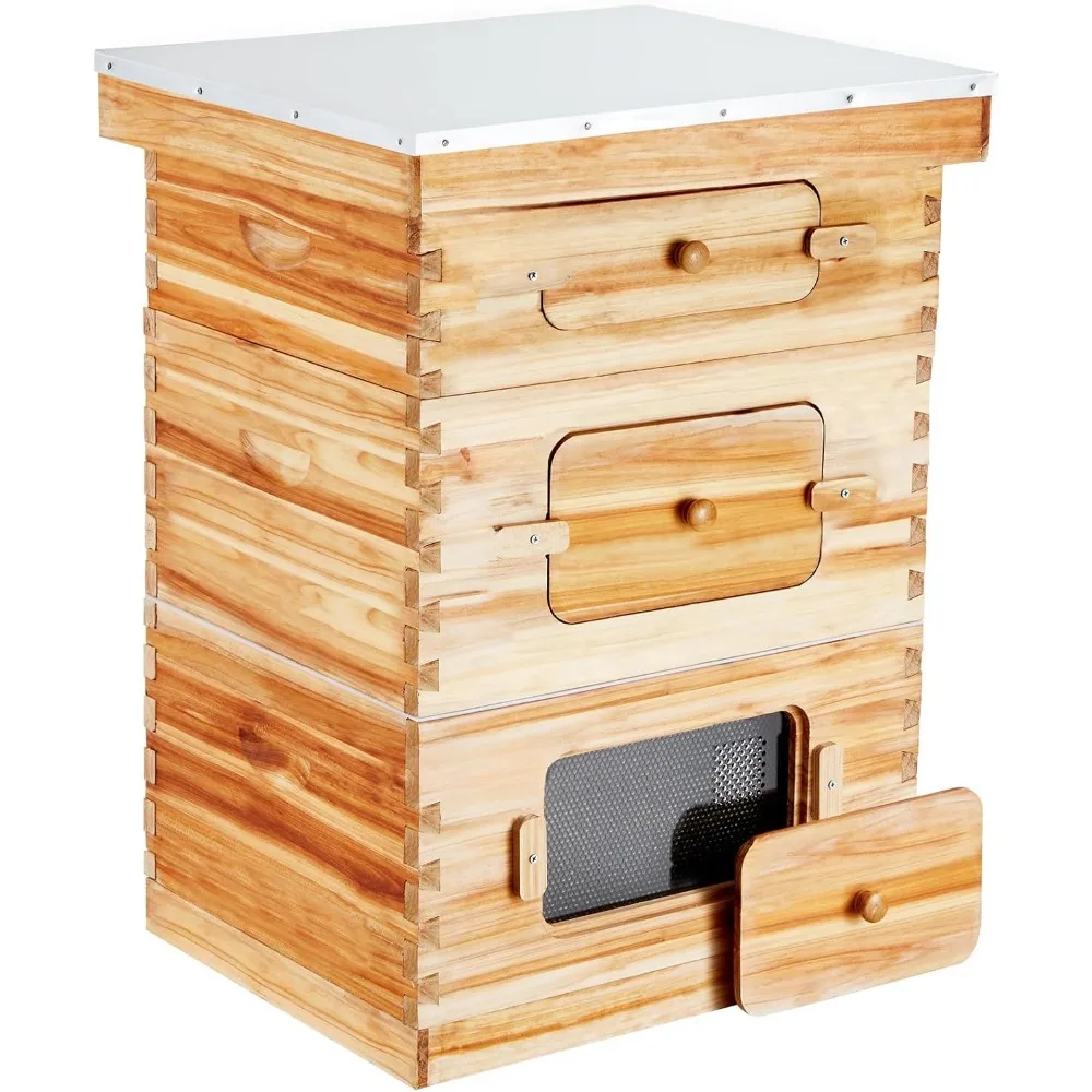 Bee Hive 10 Frame Bee Hives Starter Kit, Beeswax Coated Fir Wood, 2 Deep + 1 Medium Bee Boxes Langstroth Beehive Kit