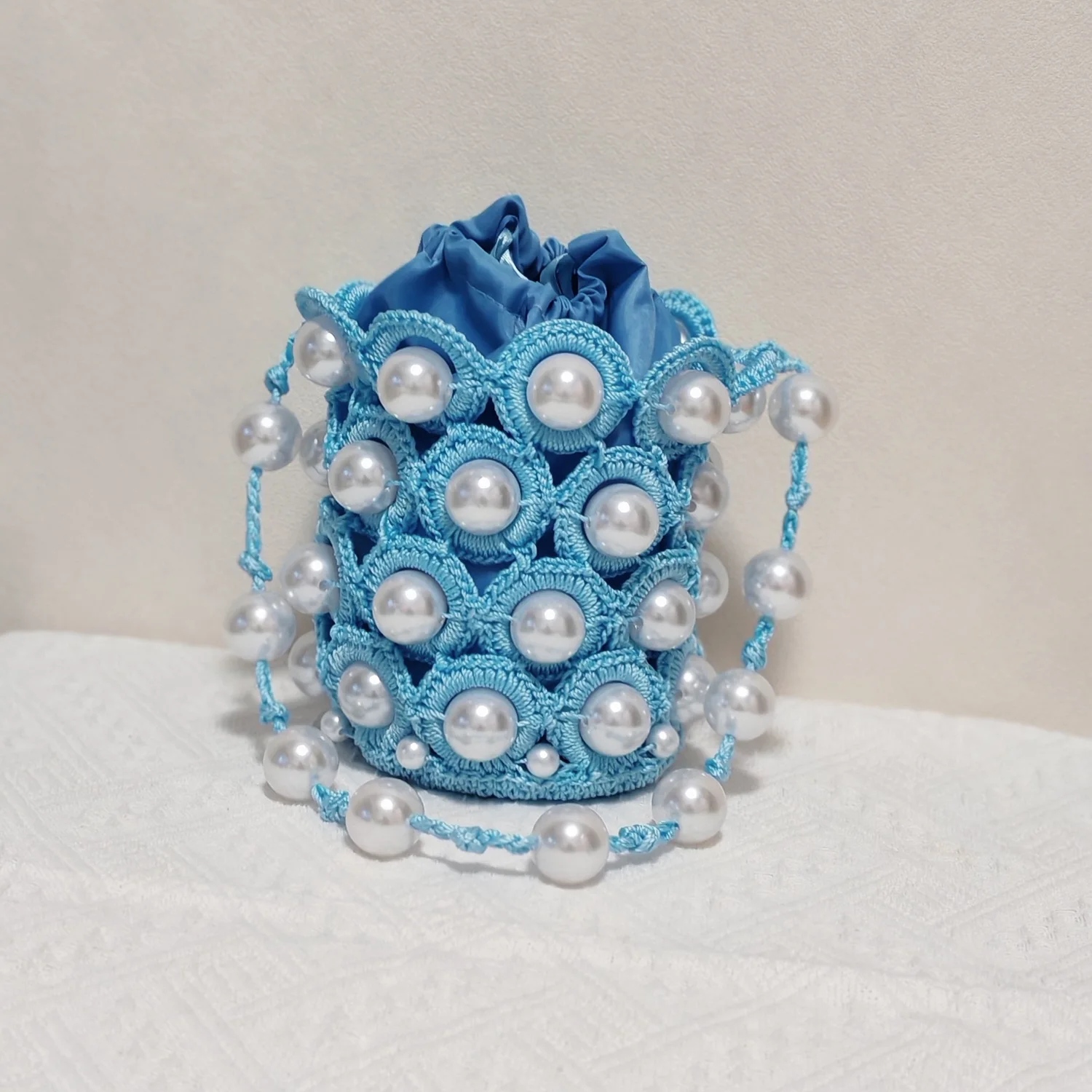 Luxury Handmade Crochet Pearl Bucket Bag for Women – Elegant Beaded Shoulder Bag, Cute Mini Drawstring Purse, Summer Party Eveni image 3