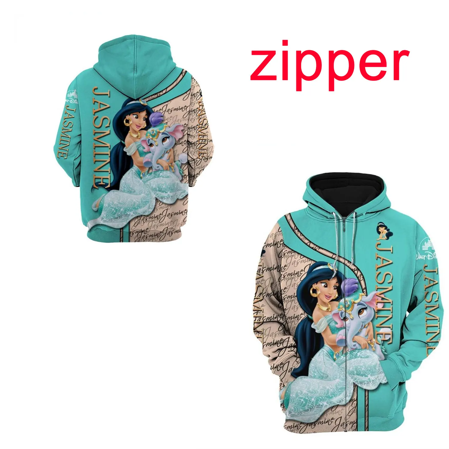 2024 Spring and Autumn New Style Princess Jasmine Disney 3D Hoodie Men's Zipper Hoodie Women's Street Casual Sports Pullover