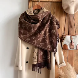 Xale de borla com sensação de inverno de alta qualidade, camada externa versátil e simples, cachecol quente de imitação de caxemira jacquard