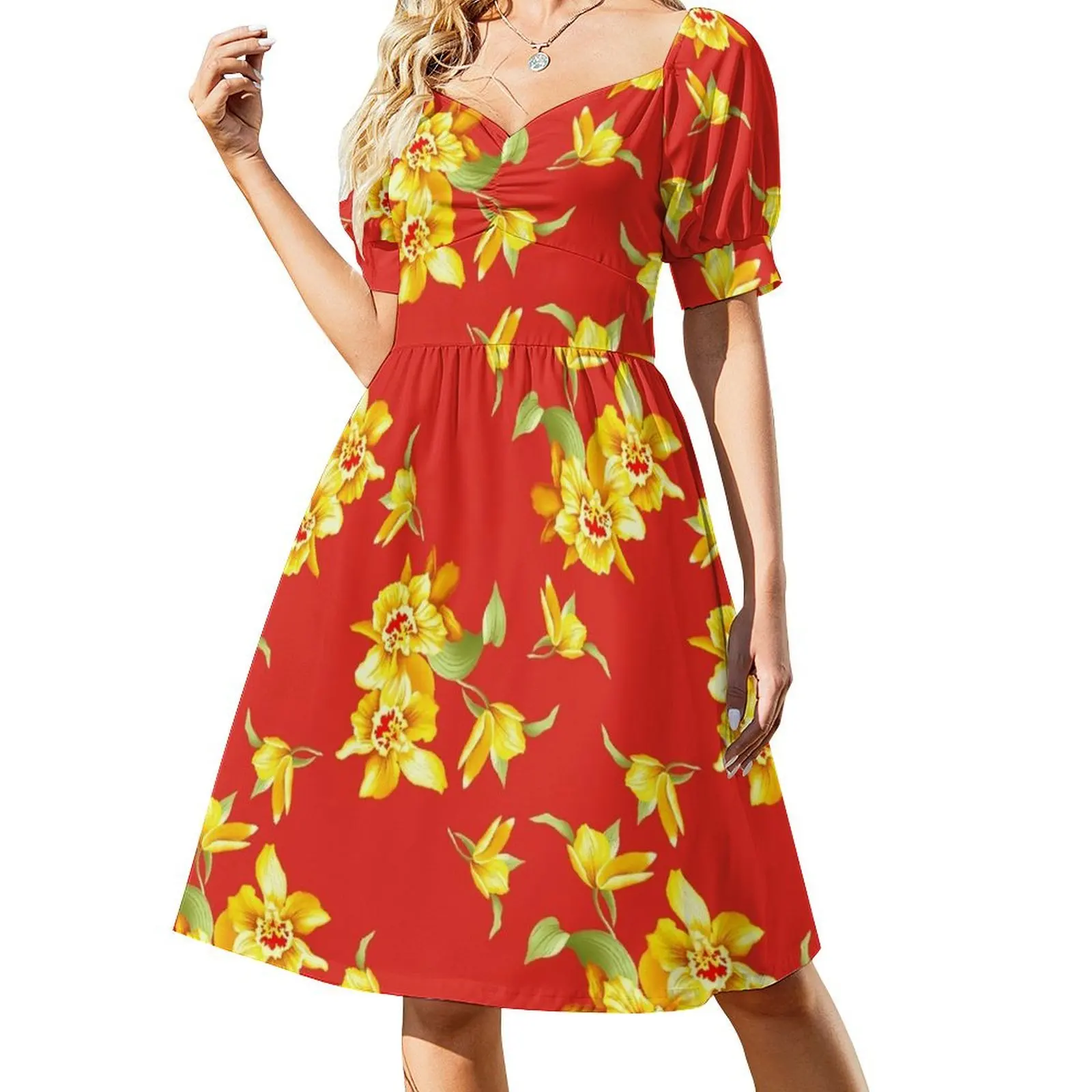 

Golden Daffodils on Red Short Sleeved Dress women's fashion dresses women dresses Dress