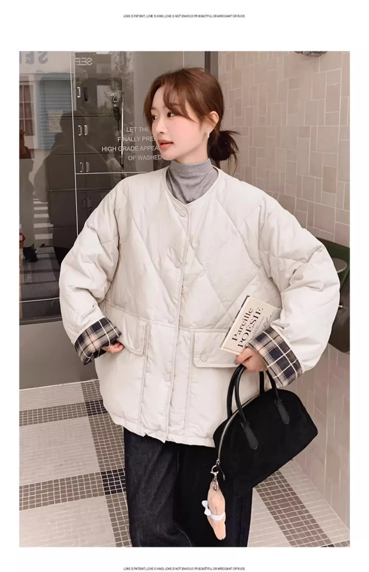 Retro Plaid Patchwork Lightweight Puffer Jacket Autumn Winter Loose Casual Quilted Jacket Female Round Neck Commute Padded Coats