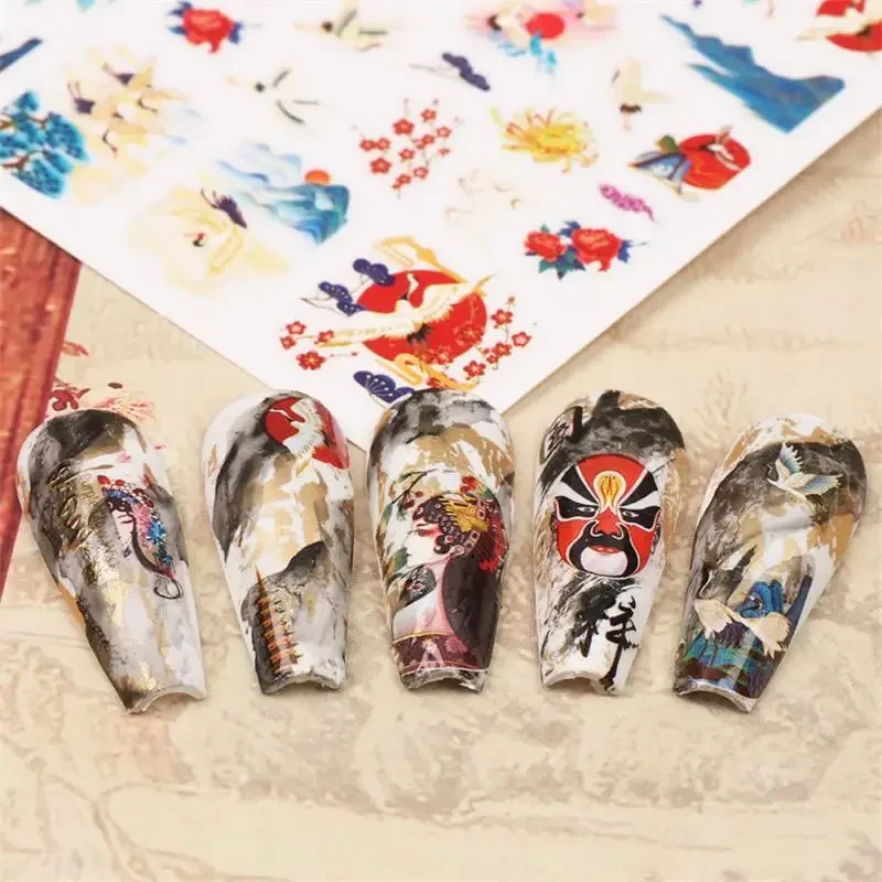 1~20PCS Chinese Characters Nail Stickers Watercolor Flowers Bamboo Leaf Sliders Moutain Crane Birds Decals Letters Manicure