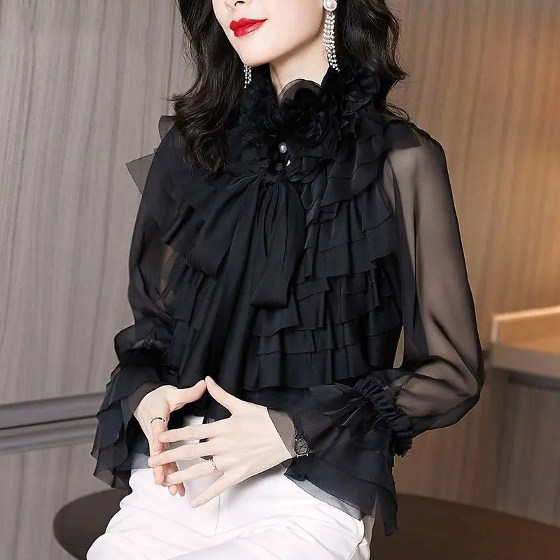 Elegant Bow Petal Sleeve Gauze Shirt Women\'s Clothing 2022 Spring New Fashion Office Lady Commuter Ruffled Neck Blouse Female