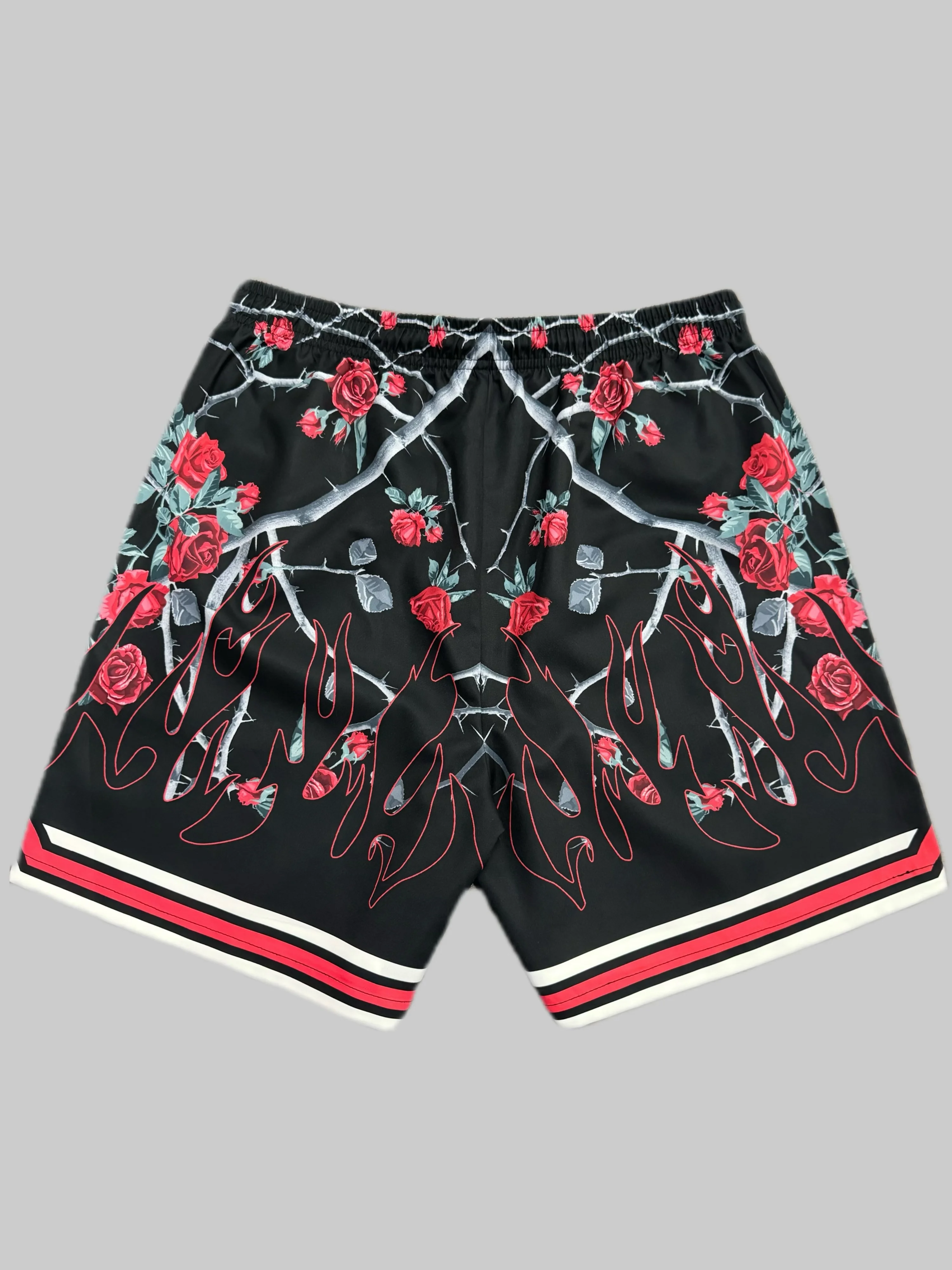 3D Stylish Rose & Fire Print Drawstring Shorts Flat Front, Chic Summer Fashion Shorts with Pockets for Sports Basketball